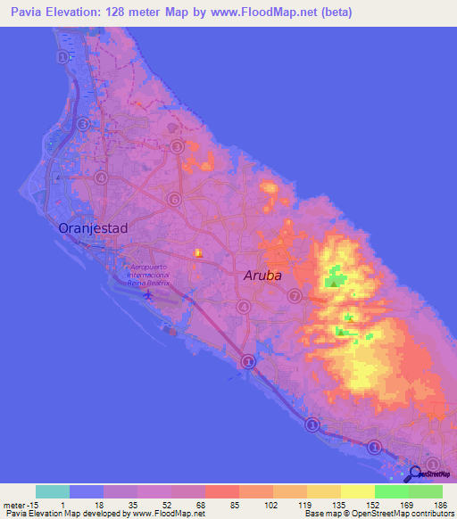 Pavia,Aruba Elevation Map