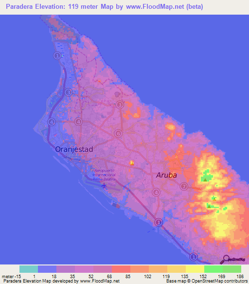 Paradera,Aruba Elevation Map