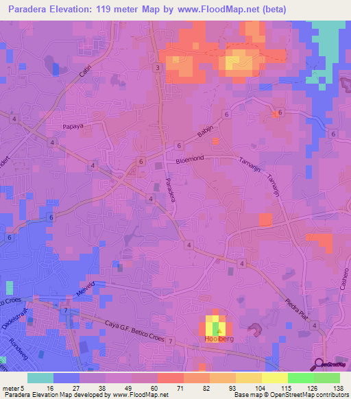 Paradera,Aruba Elevation Map