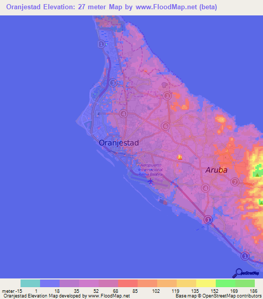 Oranjestad,Aruba Elevation Map