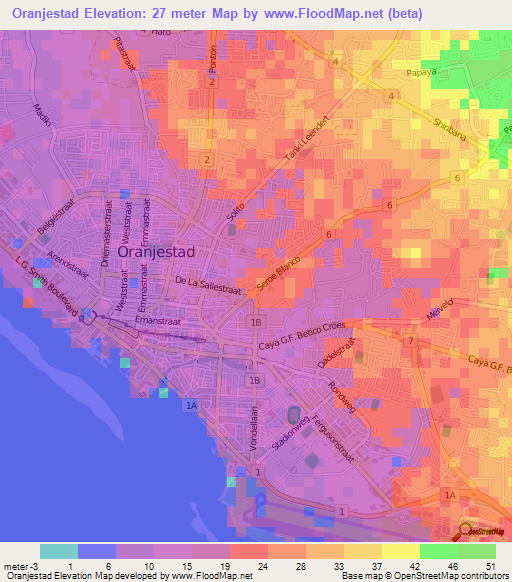 Oranjestad,Aruba Elevation Map