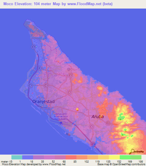 Moco,Aruba Elevation Map