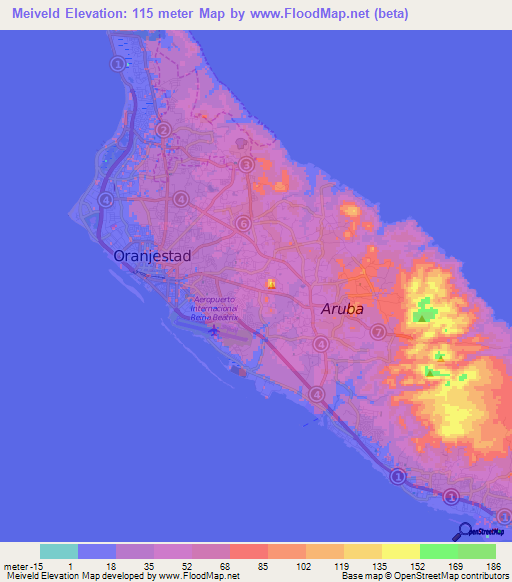 Meiveld,Aruba Elevation Map