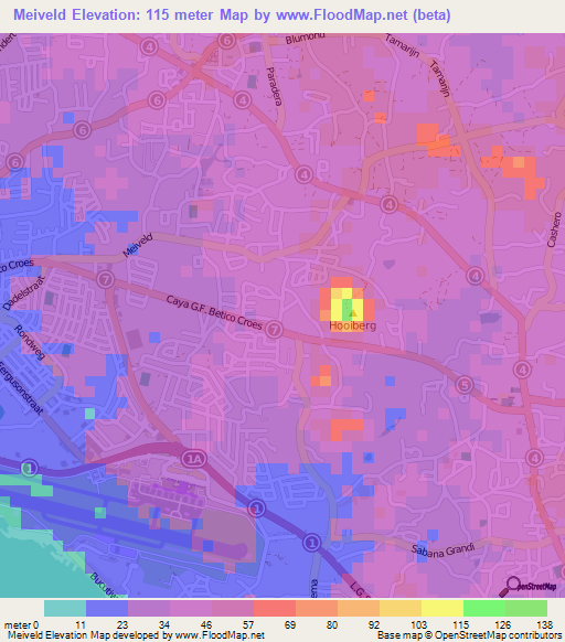 Meiveld,Aruba Elevation Map