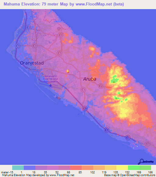 Mahuma,Aruba Elevation Map