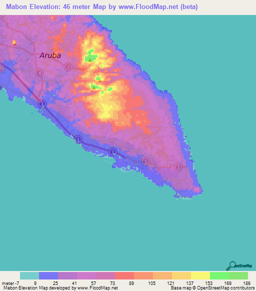 Mabon,Aruba Elevation Map