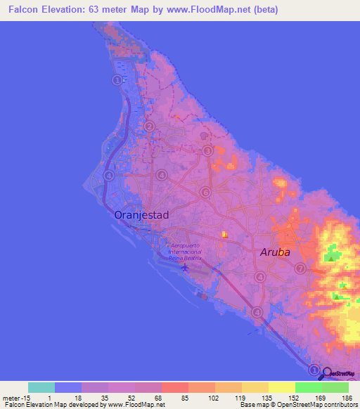 Falcon,Aruba Elevation Map