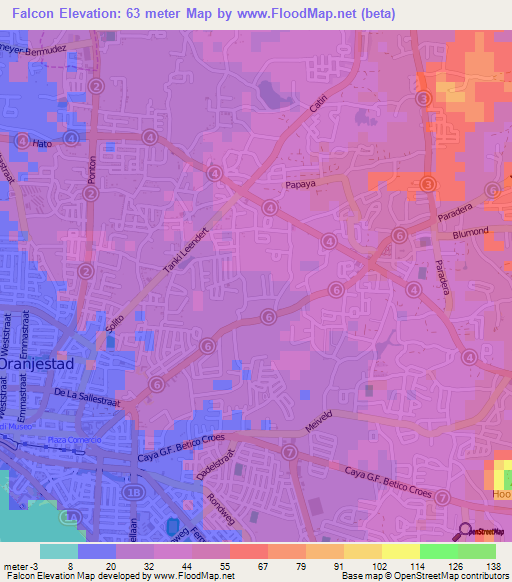 Falcon,Aruba Elevation Map