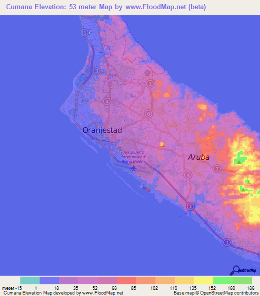 Cumana,Aruba Elevation Map