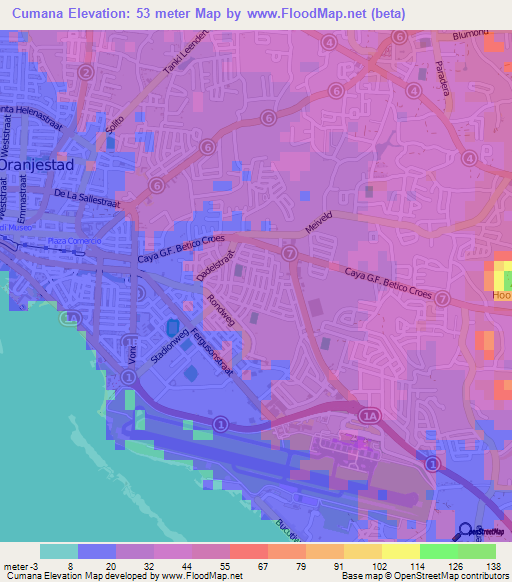 Cumana,Aruba Elevation Map