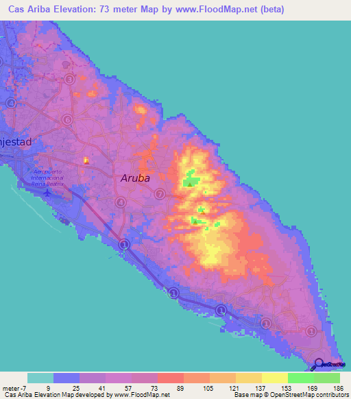 Cas Ariba,Aruba Elevation Map