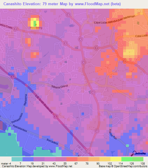 Canashito,Aruba Elevation Map