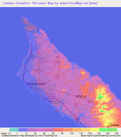 Calabas,Aruba Elevation Map