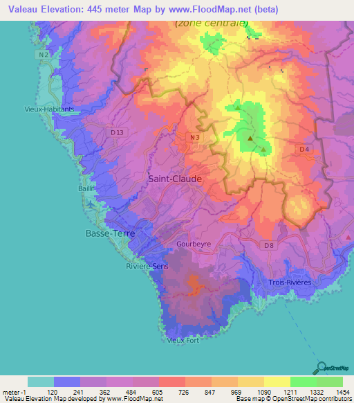Valeau,Guadeloupe Elevation Map