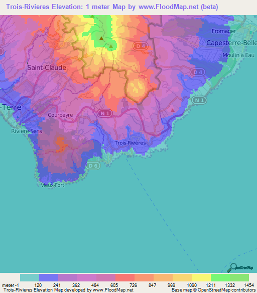 Trois-Rivieres,Guadeloupe Elevation Map