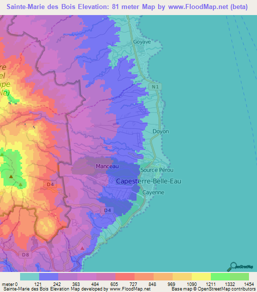 Sainte-Marie des Bois,Guadeloupe Elevation Map