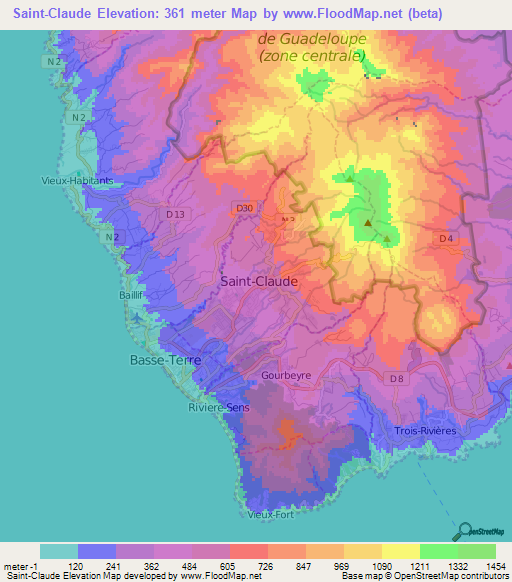 Saint-Claude,Guadeloupe Elevation Map