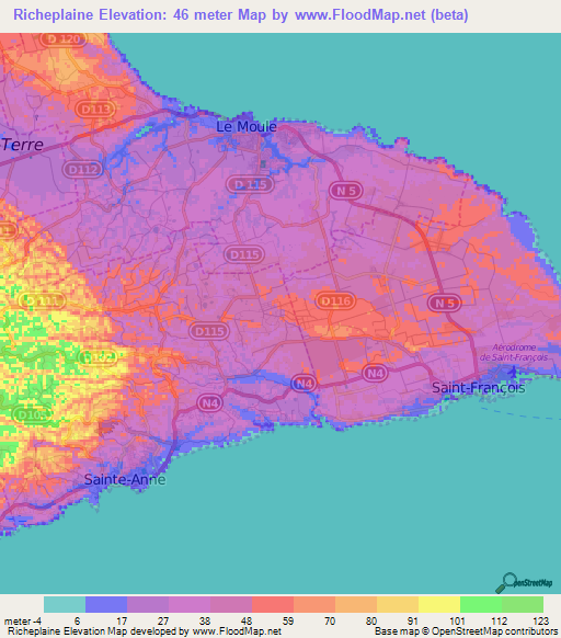 Richeplaine,Guadeloupe Elevation Map