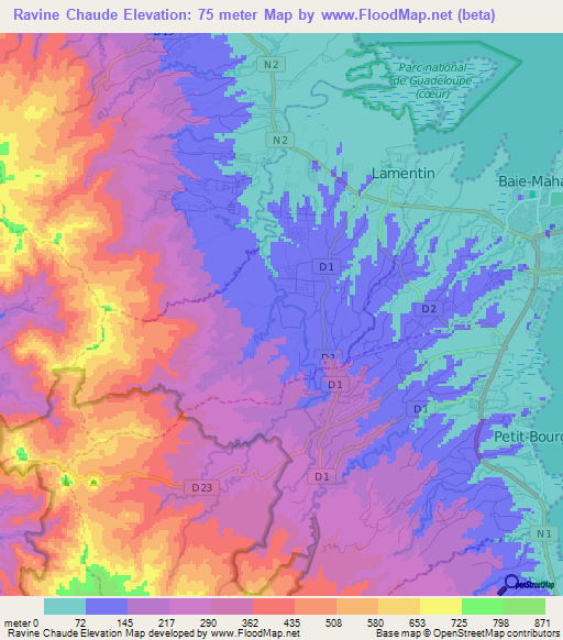 Ravine Chaude,Guadeloupe Elevation Map