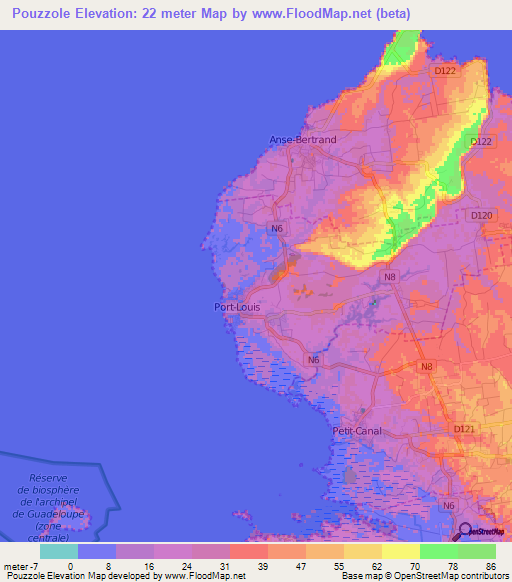 Pouzzole,Guadeloupe Elevation Map