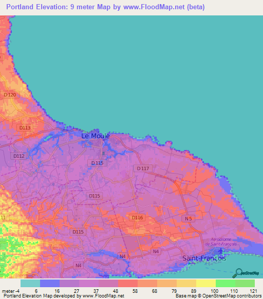 Portland,Guadeloupe Elevation Map
