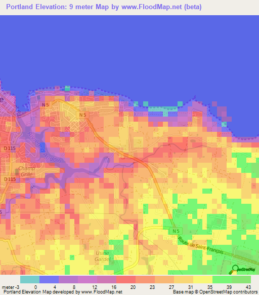 Portland,Guadeloupe Elevation Map