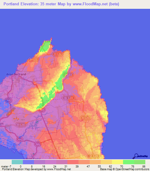Portland,Guadeloupe Elevation Map