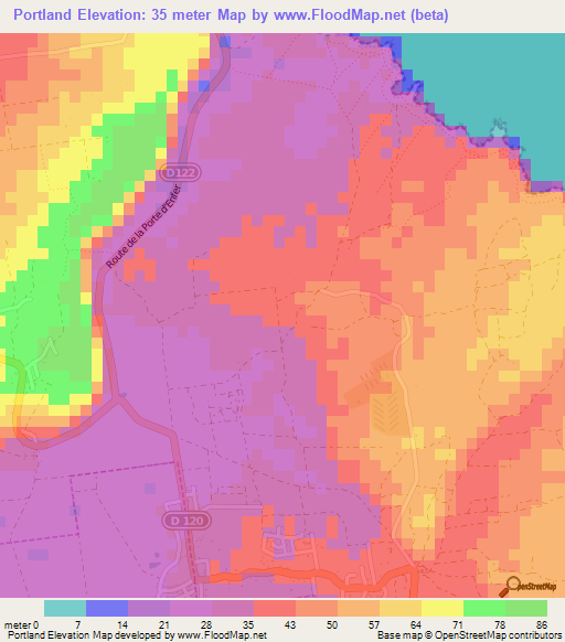 Portland,Guadeloupe Elevation Map