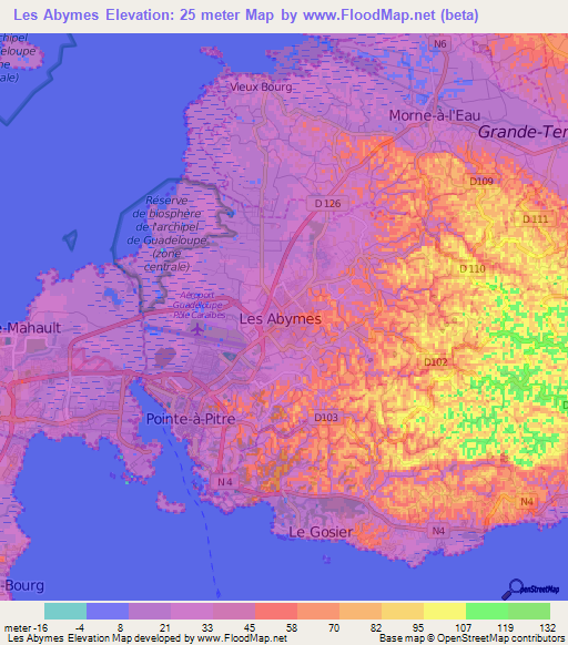 Les Abymes,Guadeloupe Elevation Map