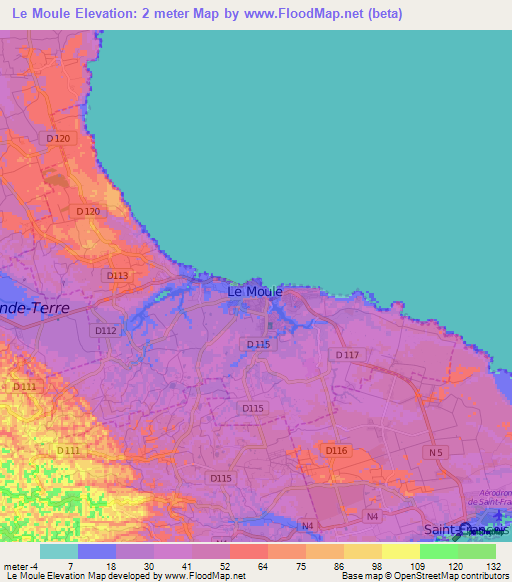 Le Moule,Guadeloupe Elevation Map