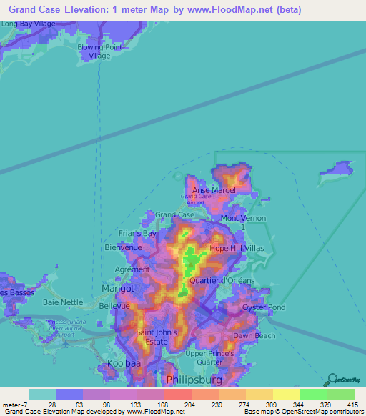 Grand-Case,Saint Martin Elevation Map