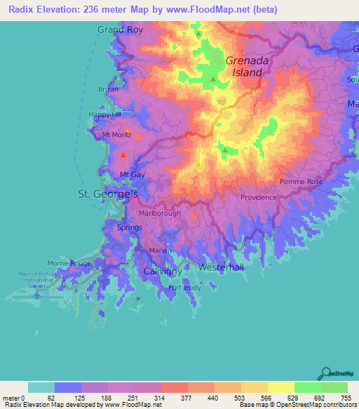 Radix,Grenada Elevation Map