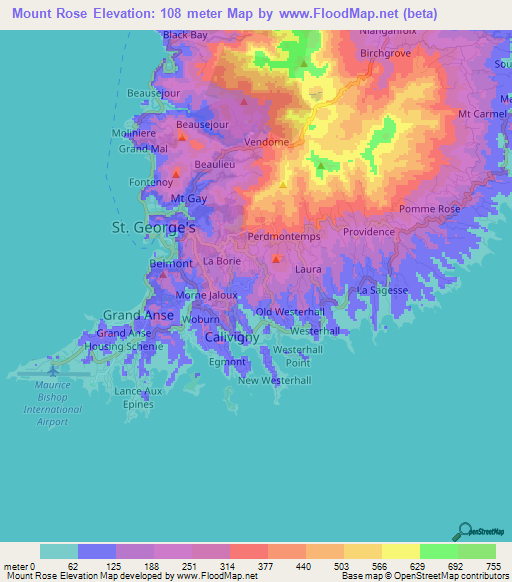 Mount Rose,Grenada Elevation Map