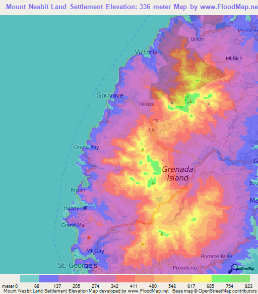 Mount Nesbit Land Settlement,Grenada Elevation Map
