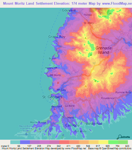 Mount Moritz Land Settlement,Grenada Elevation Map