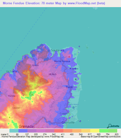 Morne Fendue,Grenada Elevation Map