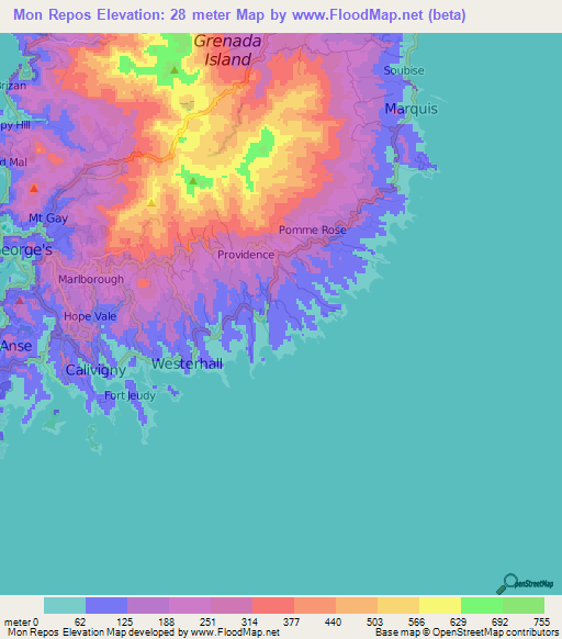 Mon Repos,Grenada Elevation Map