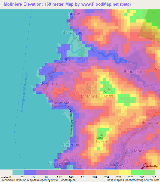 Moliniere,Grenada Elevation Map