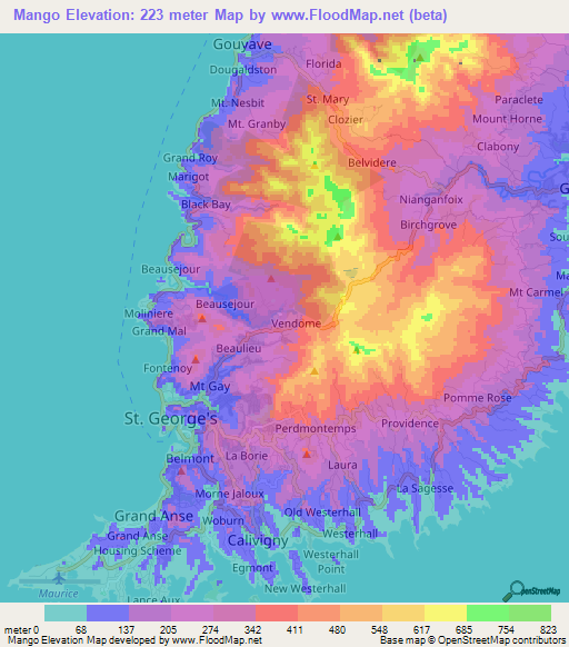 Mango,Grenada Elevation Map
