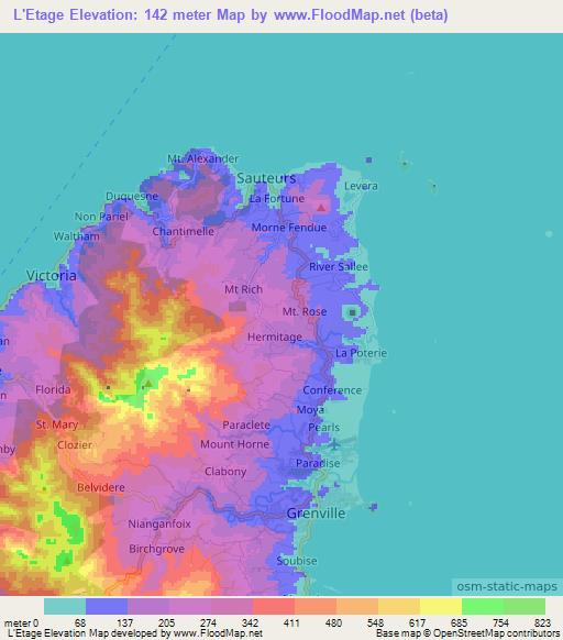 L'Etage,Grenada Elevation Map