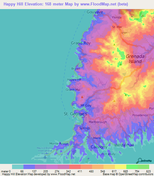 Happy Hill,Grenada Elevation Map