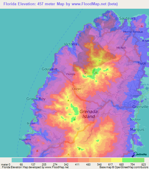Florida,Grenada Elevation Map