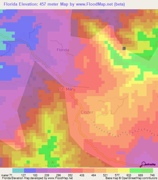 Florida,Grenada Elevation Map