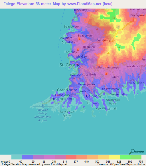 Falege,Grenada Elevation Map