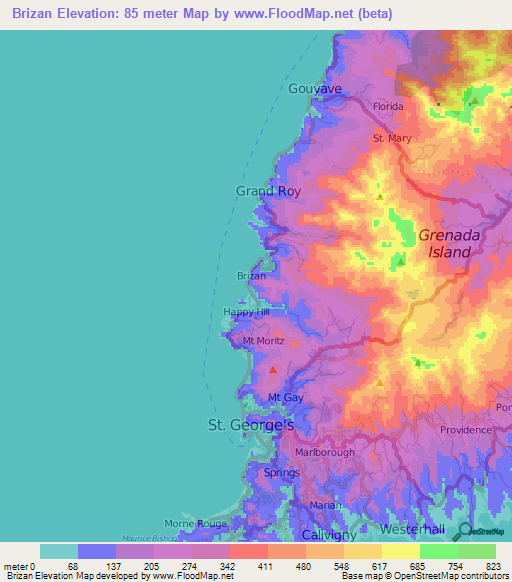 Brizan,Grenada Elevation Map