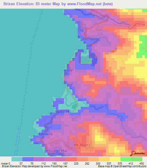 Brizan,Grenada Elevation Map