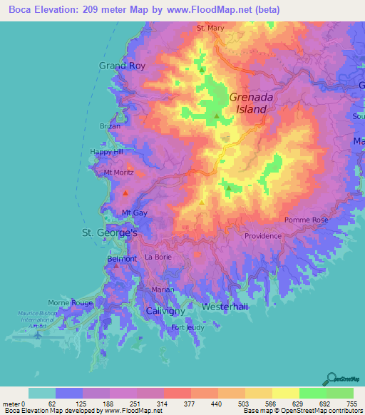 Boca,Grenada Elevation Map