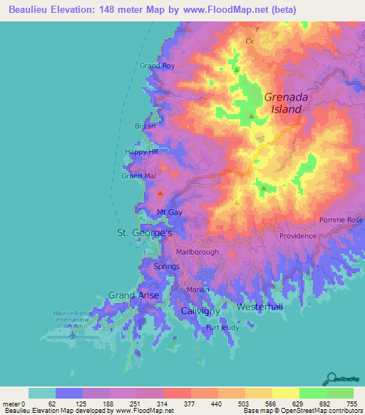 Beaulieu,Grenada Elevation Map