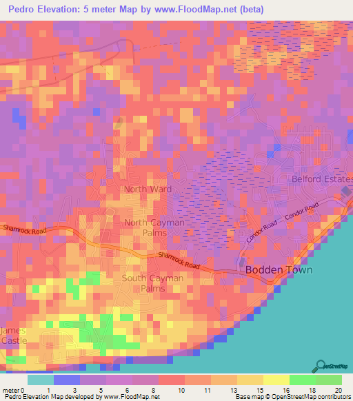 Pedro,Cayman Islands Elevation Map