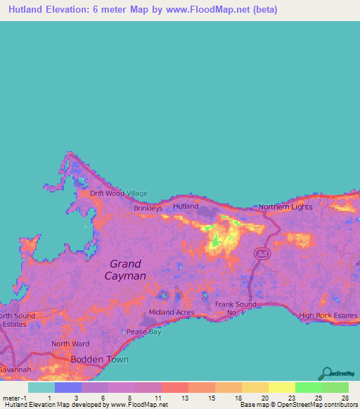 Hutland,Cayman Islands Elevation Map